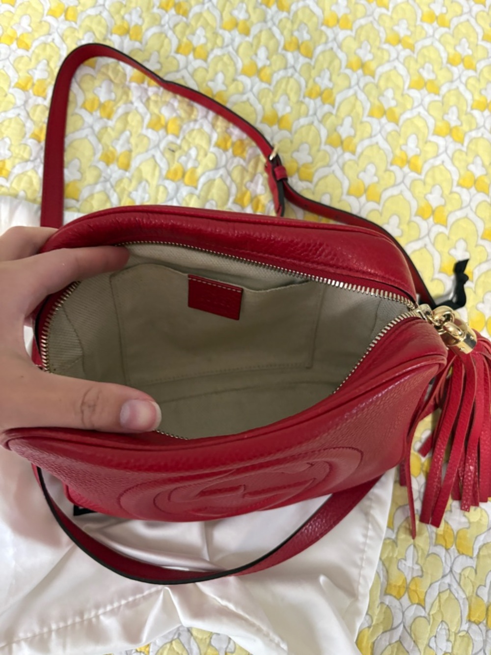 Gucci Red Soho Disco Embossed GG Leather Crossbody with Tassel - Picture 13 of 16